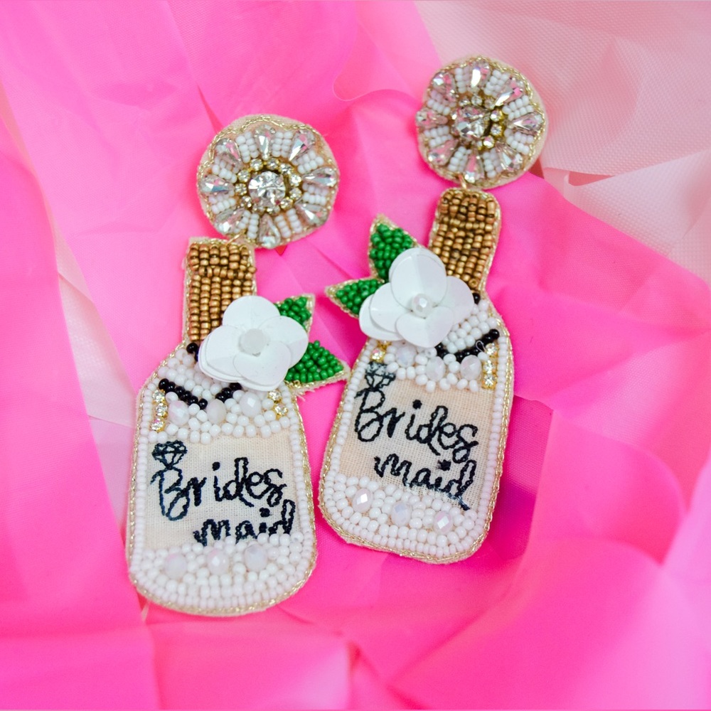 Bridesmaid Champagne White Beaded Earrings for Bridesmaid, Bride, Wedding